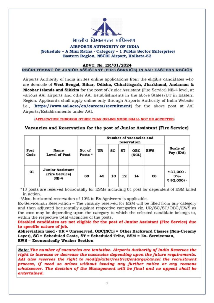 AAI Junior Assitant Fire Services Notification